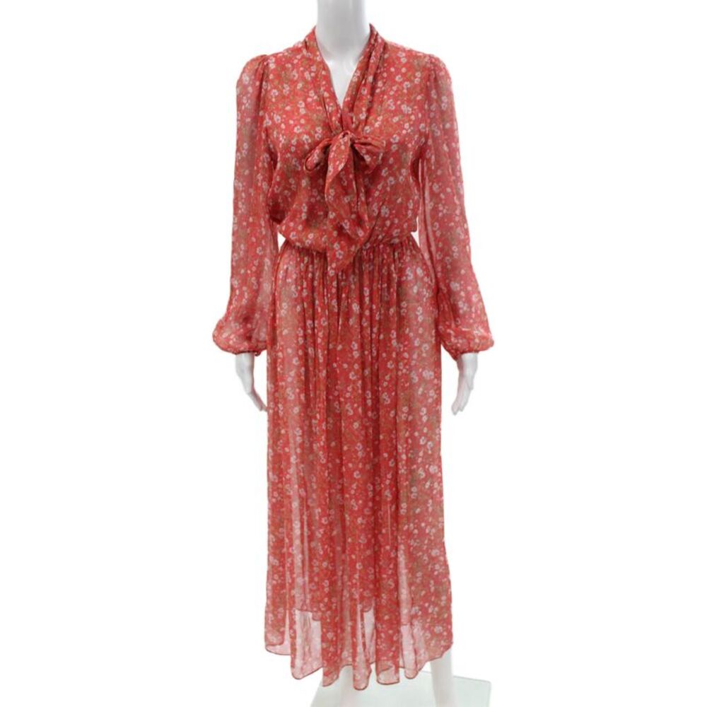 Paola Zuin Womens Red Silk Floral Collared Maxi Dress Long Sleeve Size 40